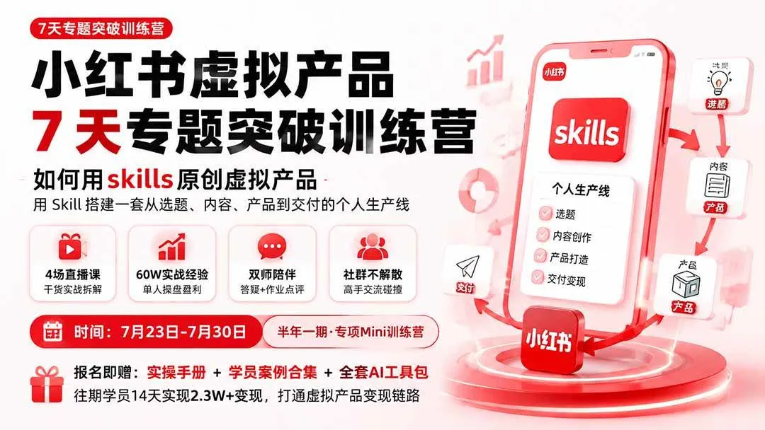 （19817期）小红书虚拟产品7天专题突破训练营，如何用skills原创虚拟产品，用Skil搭建一套从选题、内容、产品到交付的个人生产线