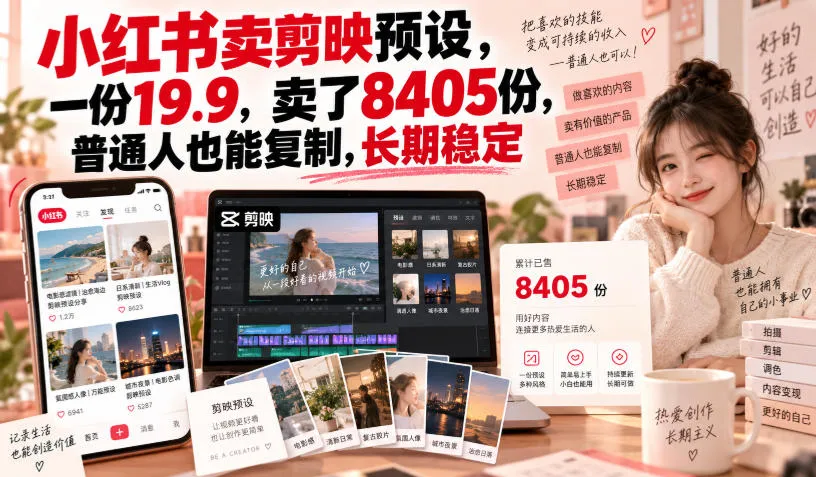 小红书卖剪映预设，一份19.9，卖了8405份，普通人也能复制，长期稳定