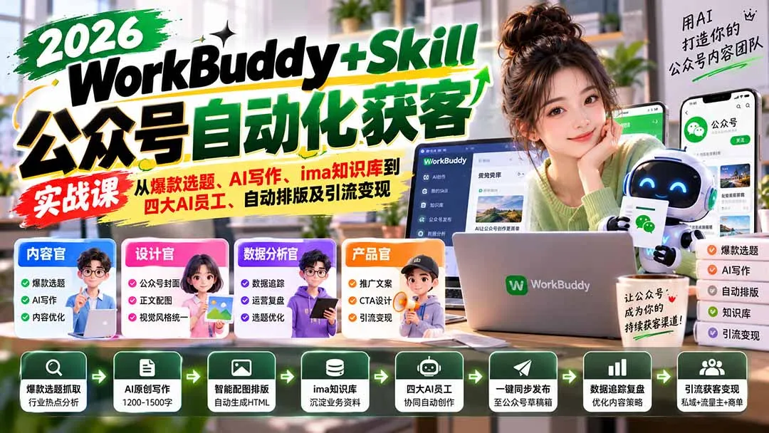 WorkBuddy + Skill公众号自动化获客实战课:从爆款选题、AI写作、ima知识库到四大AI员工、自动排版及引流变现 1 WorkBuddy + Skill公众号自动化获客实战课:从爆款选题、AI写作、ima知识库到四大AI员工、自动排版及引流变现 1