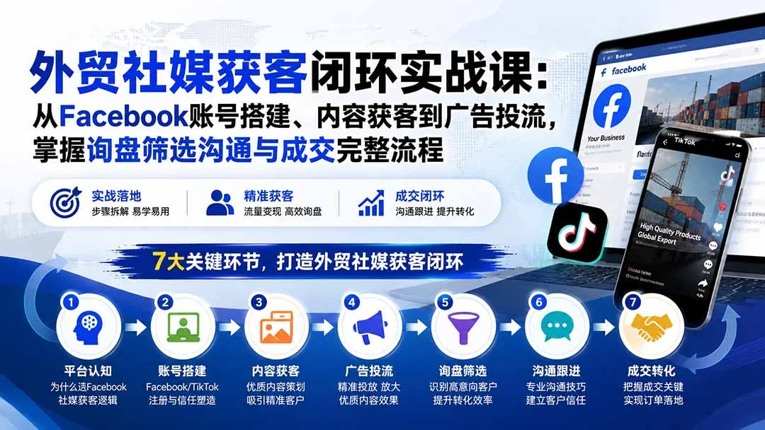 外贸社媒获客闭环实战课：从Facebook账号搭建、内容获客到广告投流，掌握询盘筛选沟通与成交完整流程