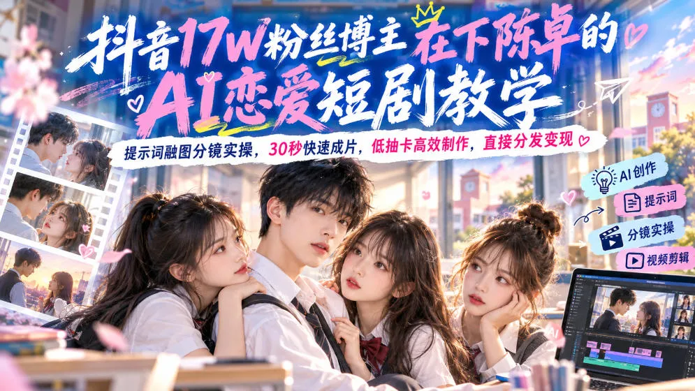抖音17W粉丝博主在下陈卓的AI恋爱短剧教学，提示词融图分镜实操，30秒快速成片，低抽卡高效制作，直接分发变现