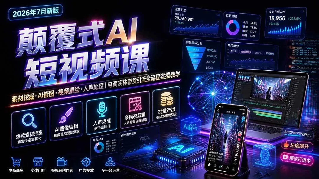 （19630期）颠覆式AI短视频课｜素材挖掘，AI修图，视频重绘，人声处理｜电商实体带货引流全流程实操教学