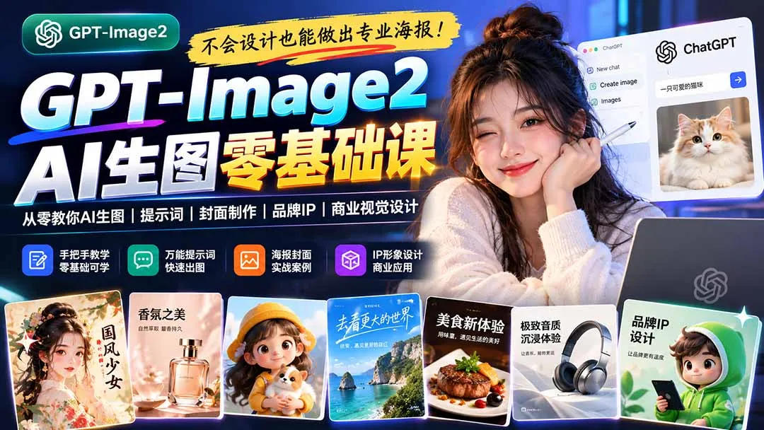 不会设计也能做出专业海报！GPT-Image2从零教你AI生图、提示词、封面制作、品牌IP与商业视觉设计 1