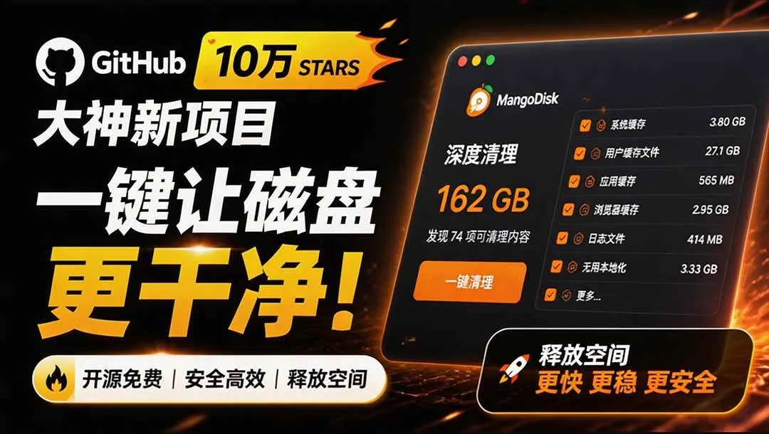 （19894期）在Gtihub上做出10万 stars 的大神，又发布新项目了！一键让磁盘更干净，开源免费清理工具 MangoDisk