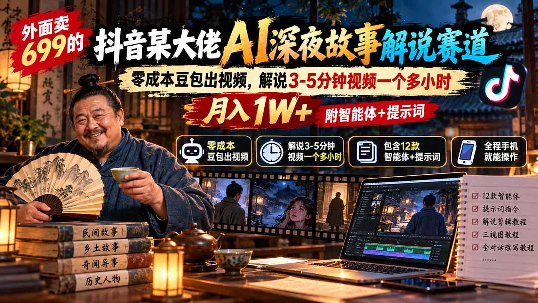外面卖699抖音某大佬AI深夜故事解说赛道-更新：0成本豆包出视频+解说3-5分钟视频一个多小时，月入1W+附智能体+提示词 2