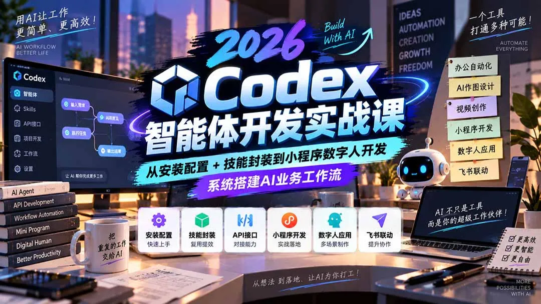 2026Codex智能体开发实战课:从安装配置+技能封装到小程序数字人开发,系统搭建AI业务工作流 1 2026Codex智能体开发实战课:从安装配置+技能封装到小程序数字人开发,系统搭建AI业务工作流 1