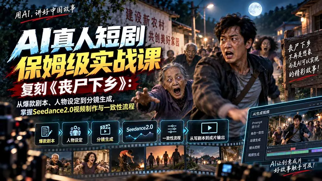 AI真人短剧保姆级实战课,复刻《丧尸下乡》:从爆款剧本、人物设定到分镜生成,掌握Seedance2.0视频制作与一致性流程 1 AI真人短剧保姆级实战课,复刻《丧尸下乡》:从爆款剧本、人物设定到分镜生成,掌握Seedance2.0视频制作与一致性流程 1