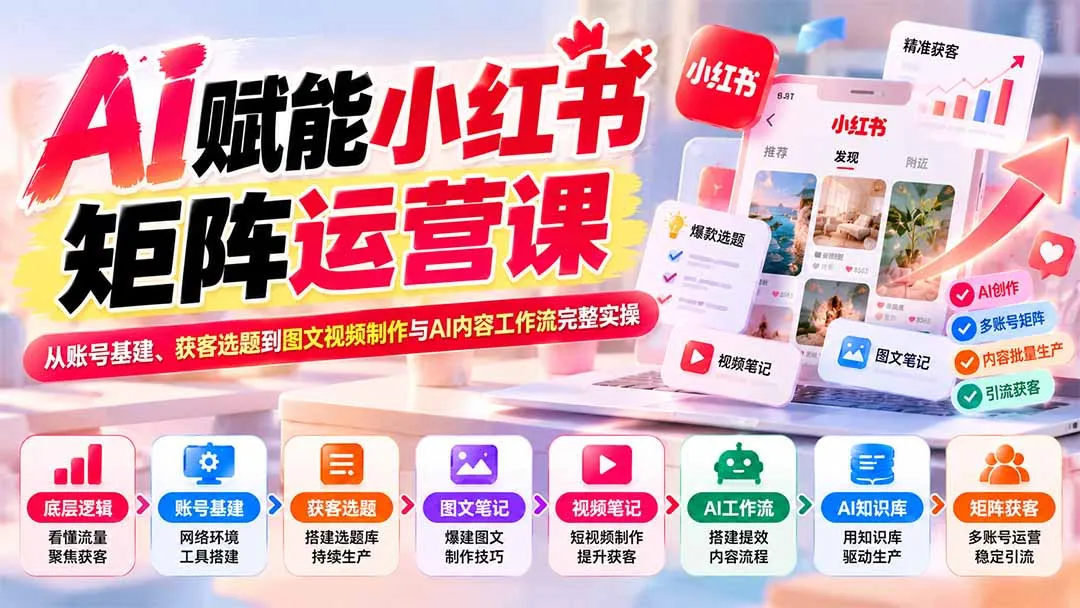 AI赋能小红书矩阵运营课:从账号基建、获客选题到图文视频制作与AI内容工作流完整实操 1 AI赋能小红书矩阵运营课:从账号基建、获客选题到图文视频制作与AI内容工作流完整实操 1