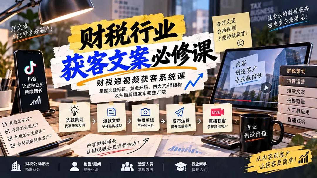 财税短视频获客系统课:掌握选题标题、黄金开场、四大文案结构及拍摄剪辑发布完整方法 1 财税短视频获客系统课:掌握选题标题、黄金开场、四大文案结构及拍摄剪辑发布完整方法 1