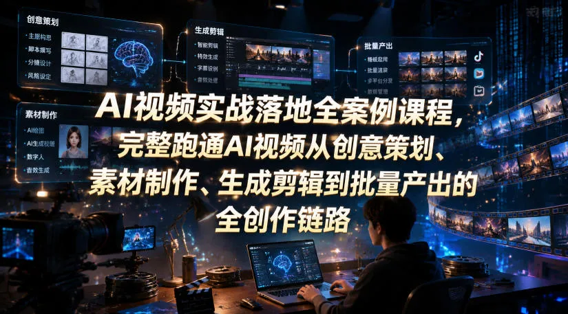 AI视频实战落地全案例课程，完整跑通AI视频从创意策划、素材制作、生成剪辑到批量产出的全创作链路