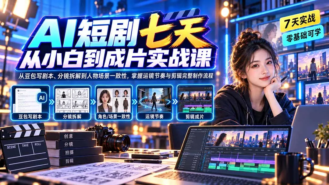 AI短剧七天从小白到成片实战课:从豆包写剧本、分镜拆解到人物场景一致性,掌握运镜节奏与剪辑完整制作流程 1 AI短剧七天从小白到成片实战课:从豆包写剧本、分镜拆解到人物场景一致性,掌握运镜节奏与剪辑完整制作流程 1