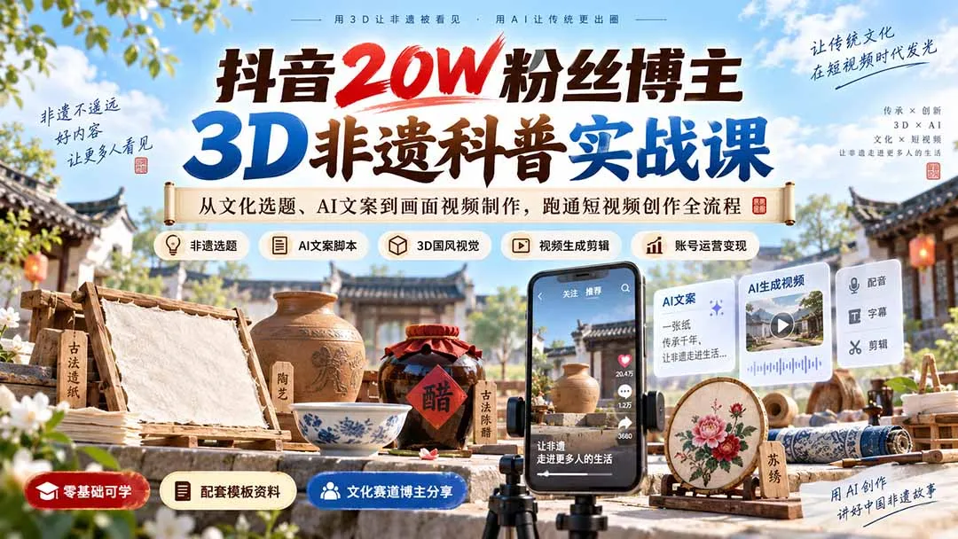 抖音20W粉丝博主3D非遗科普实战课:从文化选题、AI文案到画面视频制作,跑通短视频创作全流程 1 抖音20W粉丝博主3D非遗科普实战课:从文化选题、AI文案到画面视频制作,跑通短视频创作全流程 1