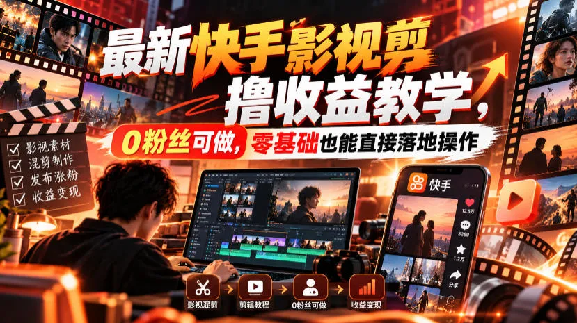 最新快手影视混剪撸收益教学，0粉丝可做，零基础也能直接落地操作