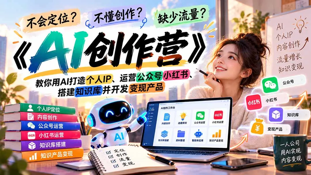 不会定位、不懂创作、缺少流量?《AI创作营》教你用AI打造个人IP、运营公众号小红书、搭建知识库并开发变现产品 1 不会定位、不懂创作、缺少流量?《AI创作营》教你用AI打造个人IP、运营公众号小红书、搭建知识库并开发变现产品 1