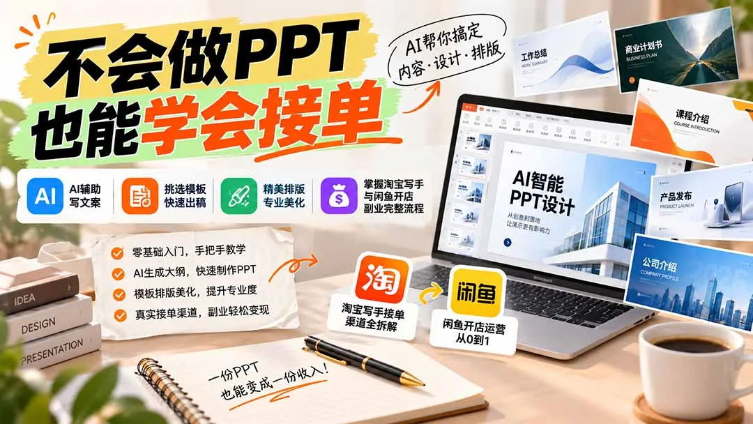 不会做PPT也能学会接单:AI辅助写文案、挑模板、做排版,掌握淘宝写手与闲鱼开店副业完整流程 1 不会做PPT也能学会接单:AI辅助写文案、挑模板、做排版,掌握淘宝写手与闲鱼开店副业完整流程 1