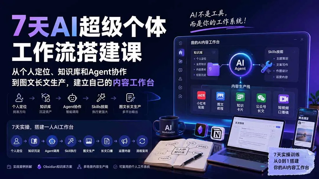 7天AI超级个体工作流搭建课:从个人定位、知识库和Agent协作到图文长文生产,建立自己的内容工作台 1 7天AI超级个体工作流搭建课:从个人定位、知识库和Agent协作到图文长文生产,建立自己的内容工作台 1