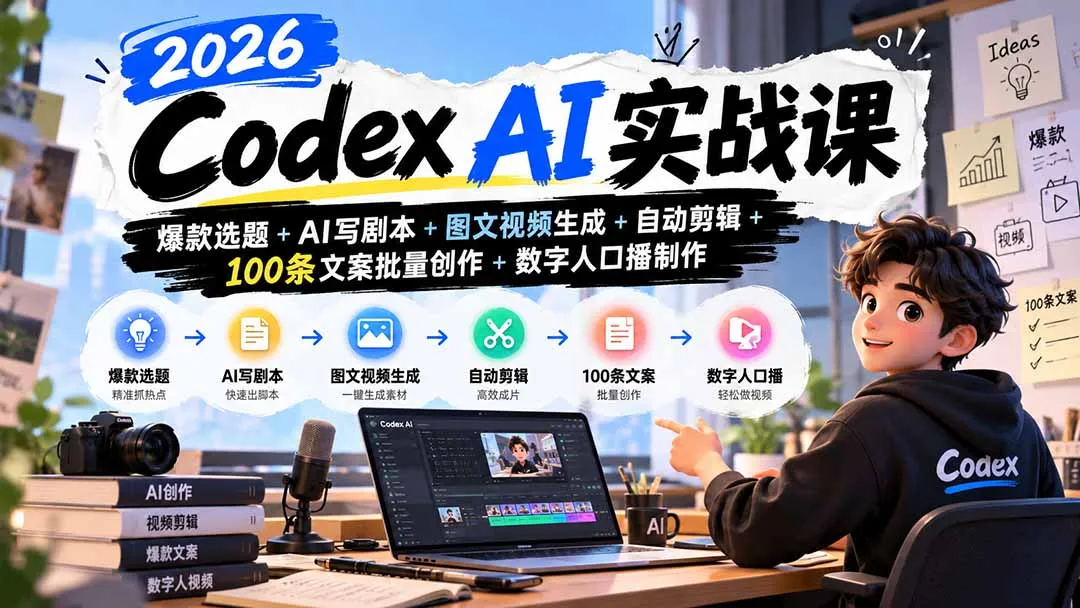 2026Codex AI实战课：爆款选题+AI写剧本+图文视频生成+自动剪辑+100条文案批量创作+数字人口播制作 1