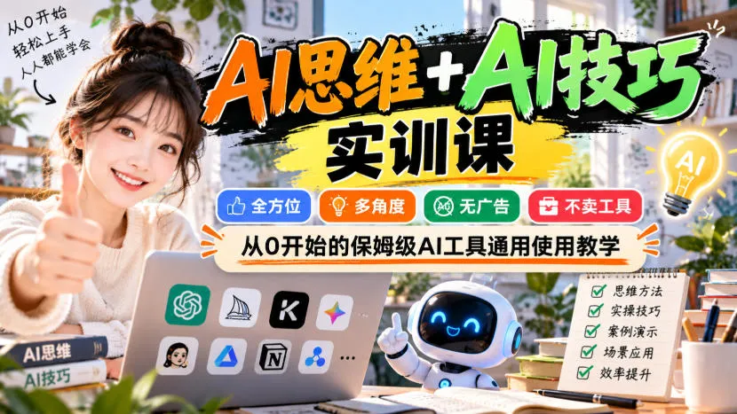 【无水印】AI思维+AI技巧实训课，全方位、多角度、无广告、不卖工具，从0开始的保姆级AI工具通用使用教学
