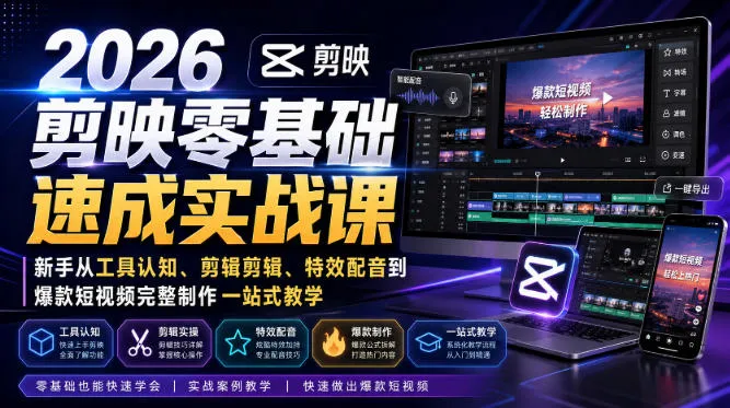 2026剪映零基础速成实战课｜新手从工具认知、剪辑剪辑、特效配音到爆款短视频完整制作一站式教学