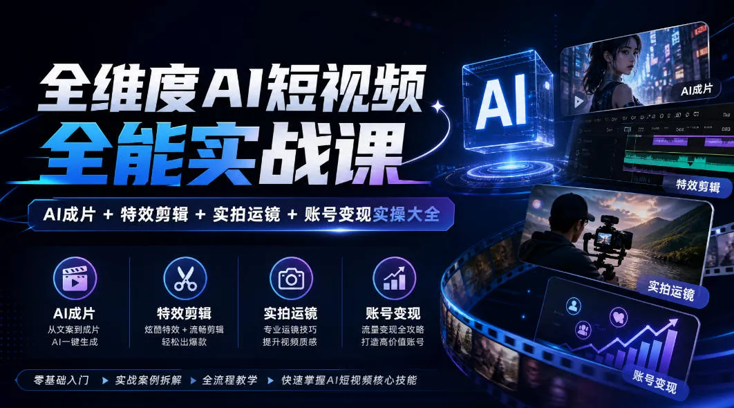 全维度AI短视频全能实战课，AI成片+特效剪辑+实拍运镜+账号变现实操大全