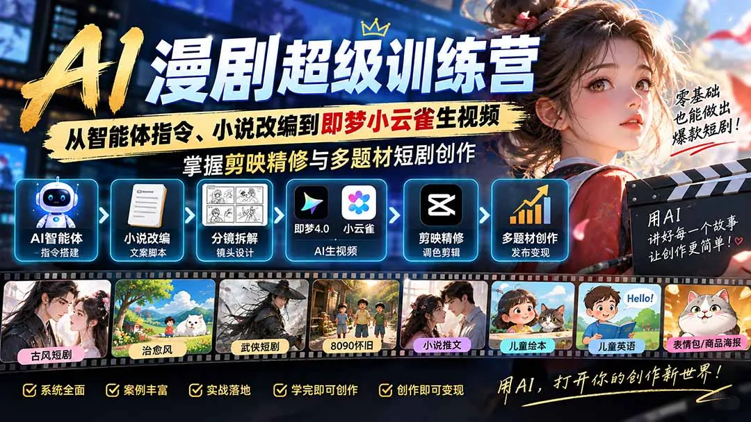 AI漫剧超级特训营:从智能体指令、小说改编到即梦小云雀生视频,掌握剪映精修与多题材短剧创作 1 AI漫剧超级特训营:从智能体指令、小说改编到即梦小云雀生视频,掌握剪映精修与多题材短剧创作 1