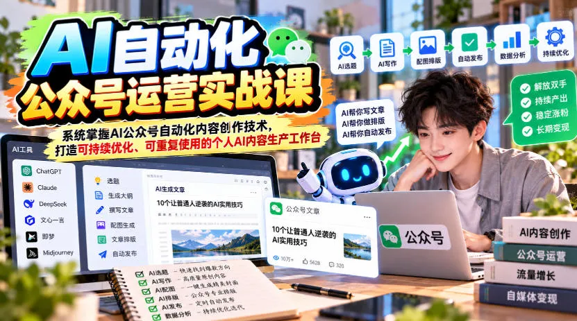 AI自动化公众号运营实战课，系统掌握AI公众号自动化内容创作技术，打造可持续优化、可重复使用的个人AI内容生产工作台