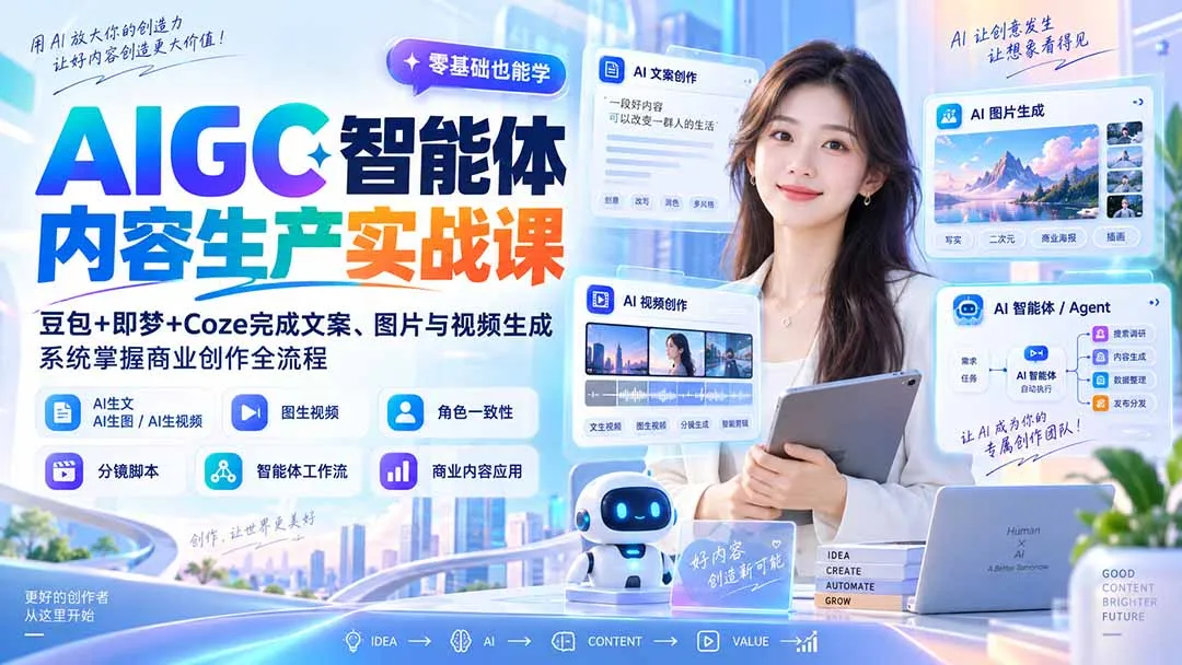 AIGC智能体内容生产实战课:豆包+即梦+Coze完成文案、图片与视频生成,系统掌握商业创作全流程 1 AIGC智能体内容生产实战课:豆包+即梦+Coze完成文案、图片与视频生成,系统掌握商业创作全流程 1