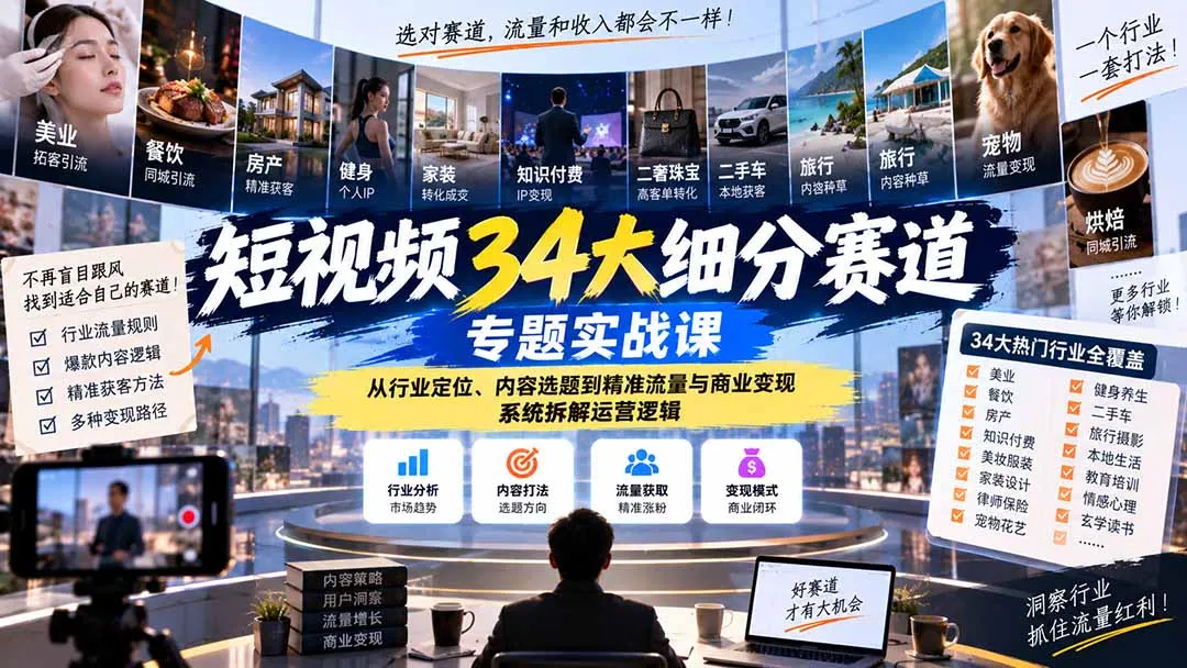 短视频34大细分赛道专题实战课：从行业定位、内容选题到精准流量与商业变现，系统拆解运营逻辑 1