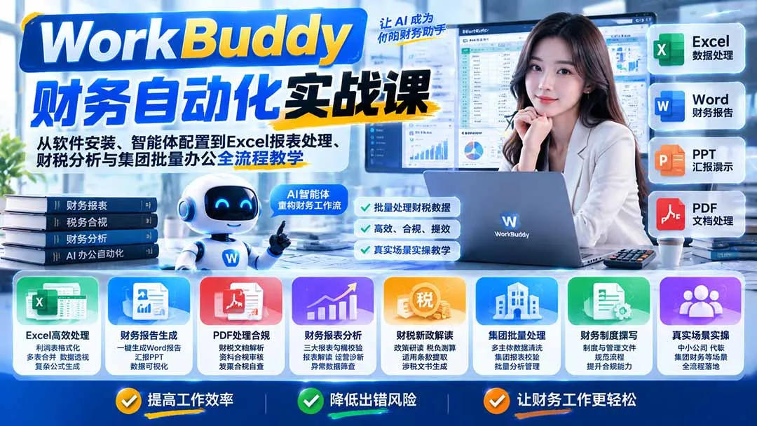 WorkBuddy财务自动化实战课:从软件安装、智能体配置到Excel报表处理、财税分析与集团批量办公全流程教学 1 WorkBuddy财务自动化实战课:从软件安装、智能体配置到Excel报表处理、财税分析与集团批量办公全流程教学 1