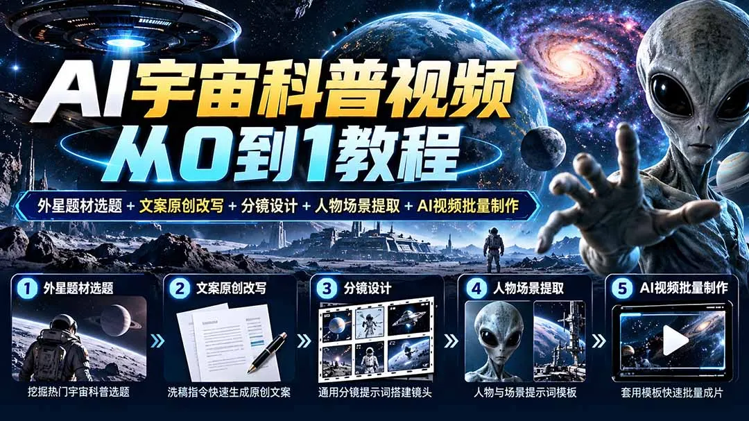 AI宇宙科普视频从0到1教程|外星题材选题+文案原创改写+分镜设计+人物场景提取+AI视频批量制作 1 AI宇宙科普视频从0到1教程|外星题材选题+文案原创改写+分镜设计+人物场景提取+AI视频批量制作 1
