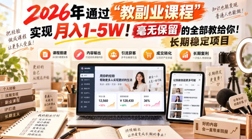 2026年通过“教副业课程”实现月入1-5W!毫无保留的全部教给你!长期稳定项目 1 2026年通过“教副业课程”实现月入1-5W!毫无保留的全部教给你!长期稳定项目 1