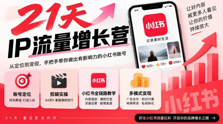 21天IP流量增长营，小红书全链路教学，账号定位剪辑实操，多模式变现系统课