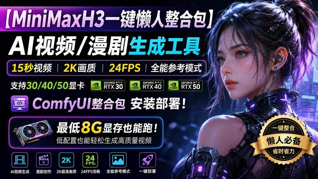 （20130期）MiniMaxH3一键懒人整合包：AI视频/漫剧生成工具，15秒视频_2K画质_24FPS_全能模式，支持30_40_50显卡，8g显存也能跑
