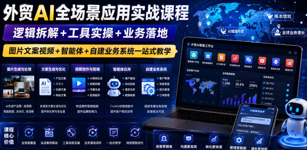外贸AI全场景应用实战课程｜逻辑拆解+工具实操+业务落地，图片文案视频+智能体+自建业务系统一站式教学