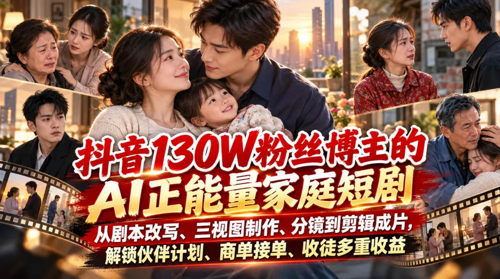 抖音130W粉丝博主的AI正能量家庭短剧，从剧本改写、三视图制作、分镜到剪辑成片，解锁伙伴计划、商单接单、收徒多重收益(更新1007)