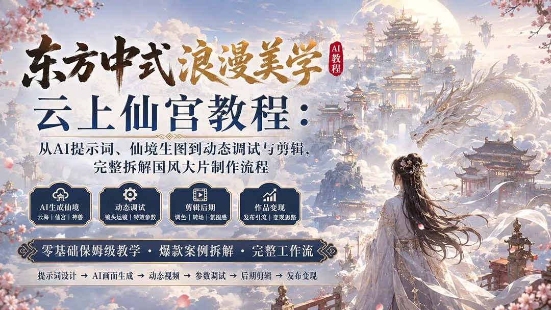 东方中式浪漫美学云上仙宫教程：从AI提示词、仙境生图到动态调试与剪辑，完整拆解国风大片制作流程