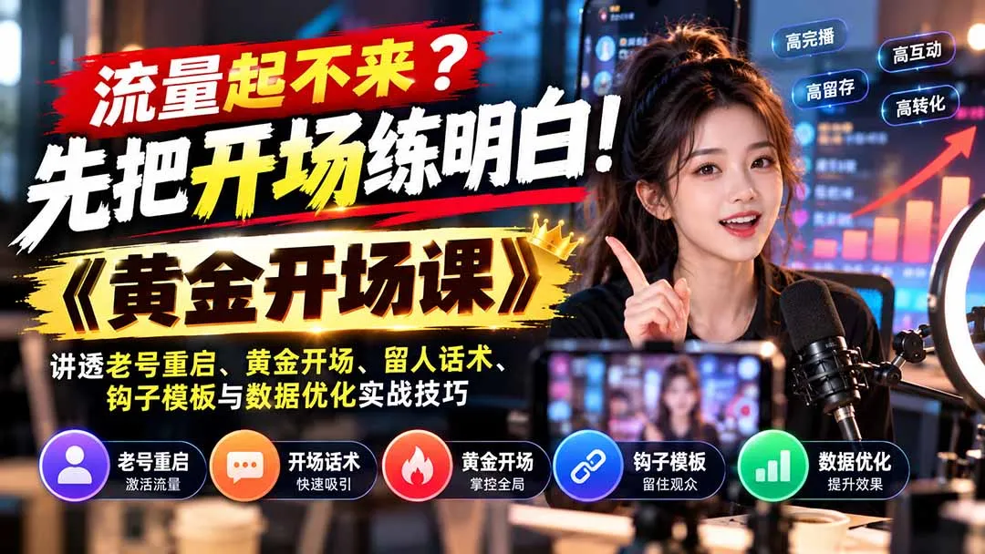 流量起不来?先把开场练明白!《黄金开场课》讲透老号重启、黄金开场、留人话术、钩子模板与数据优化实战技巧 1 流量起不来?先把开场练明白!《黄金开场课》讲透老号重启、黄金开场、留人话术、钩子模板与数据优化实战技巧 1