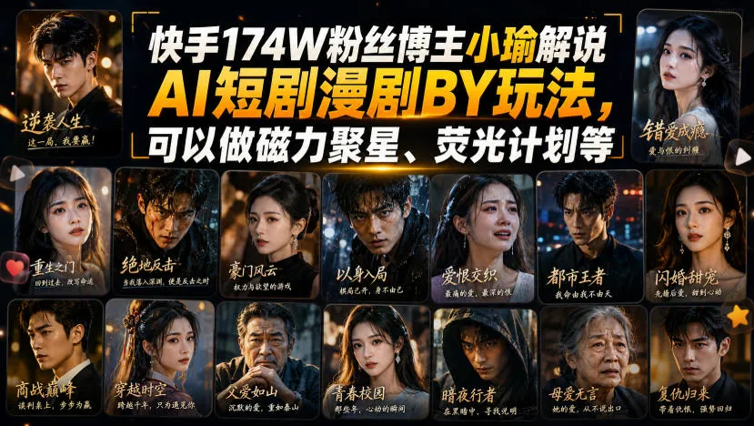 快手174W粉丝博主小瑜解说AI短剧漫剧搬运玩法，可以做磁力聚星、荧光计划等