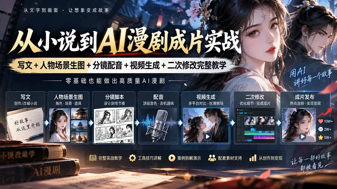 从小说到AI漫剧成片实战:写文+人物场景生图+分镜配音+视频生成+二次修改完整教学 1 从小说到AI漫剧成片实战:写文+人物场景生图+分镜配音+视频生成+二次修改完整教学 1