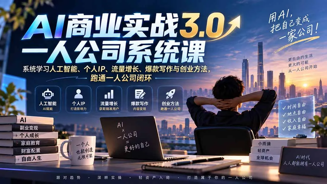 AI商业实战3.0一人公司系统课:系统学习人工智能、个人IP、流量增长、爆款写作与创业方法,跑通一人公司闭环 1 AI商业实战3.0一人公司系统课:系统学习人工智能、个人IP、流量增长、爆款写作与创业方法,跑通一人公司闭环 1