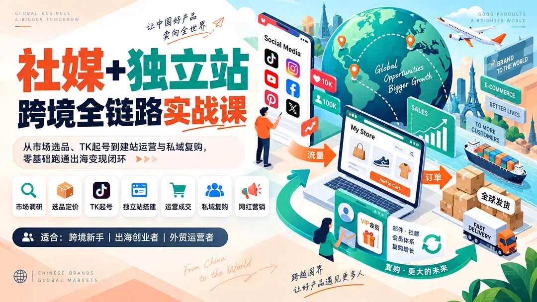 社媒+独立站跨境全链路实战课:从市场选品、TK起号到建站运营与私域复购,零基础跑通出海变现闭环 1 社媒+独立站跨境全链路实战课:从市场选品、TK起号到建站运营与私域复购,零基础跑通出海变现闭环 1