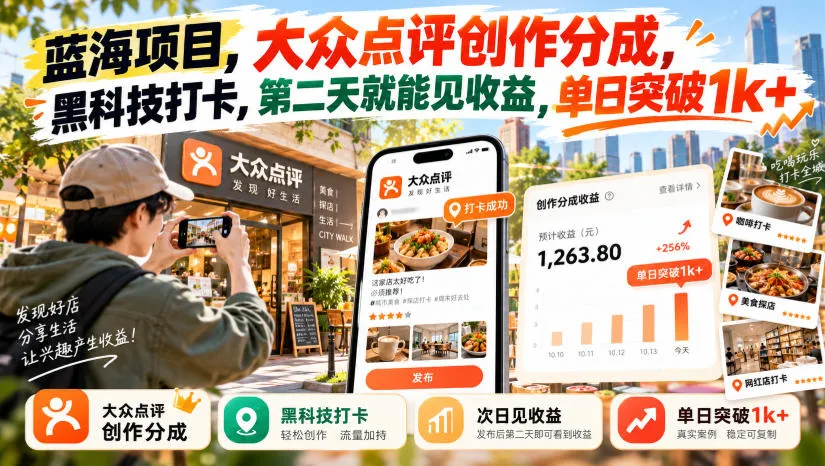 蓝海项目,大众点评创作分成,黑科技打卡,第二天就能见收益,单日突破1k+【揭秘】