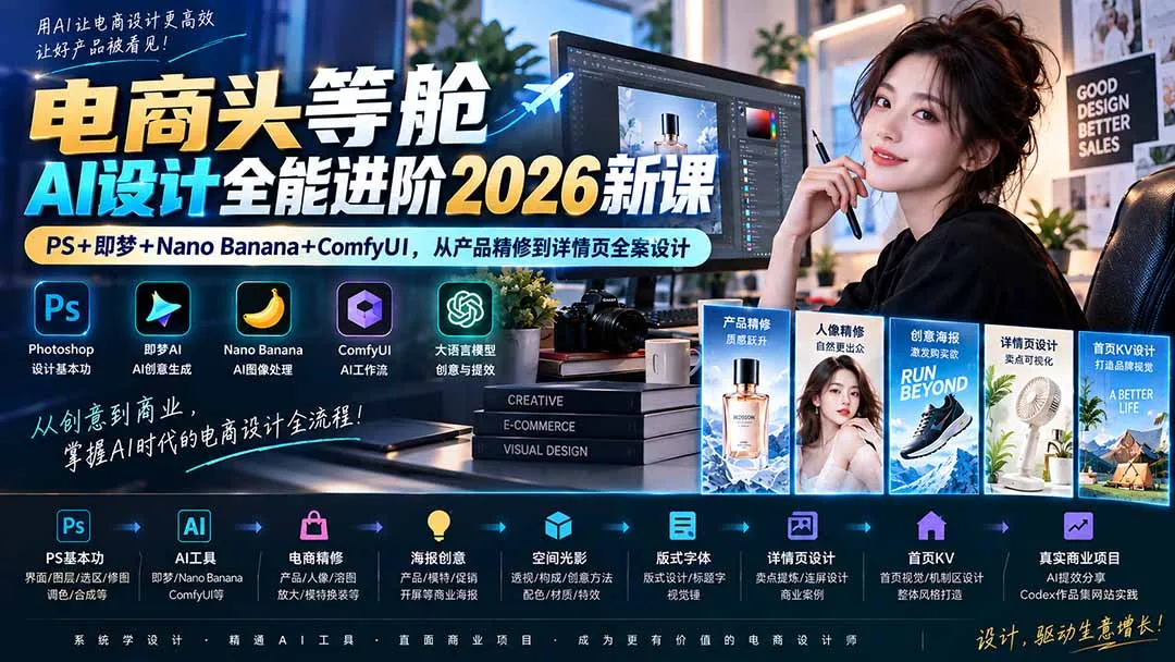 电商头等舱AI设计全能进阶2026新课:PS+即梦+Nano Banana+ComfyUI,从产品精修到详情页全案设计 1 电商头等舱AI设计全能进阶2026新课:PS+即梦+Nano Banana+ComfyUI,从产品精修到详情页全案设计 1