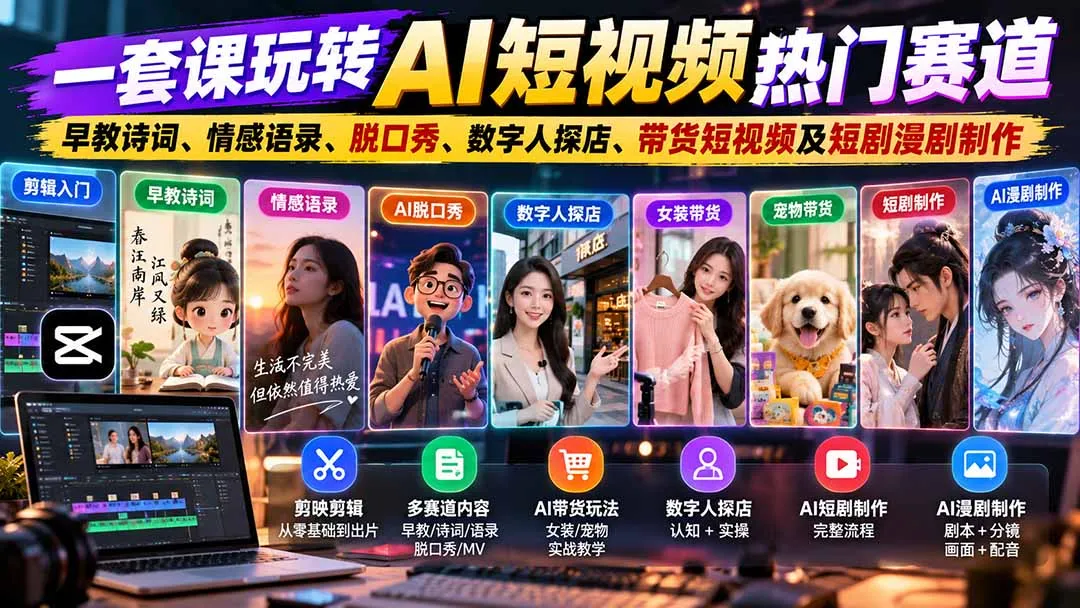 一套课玩转AI短视频热门赛道：早教诗词、情感语录、脱口秀、数字人探店、带货短视频及短剧漫剧制作 复制标题 1