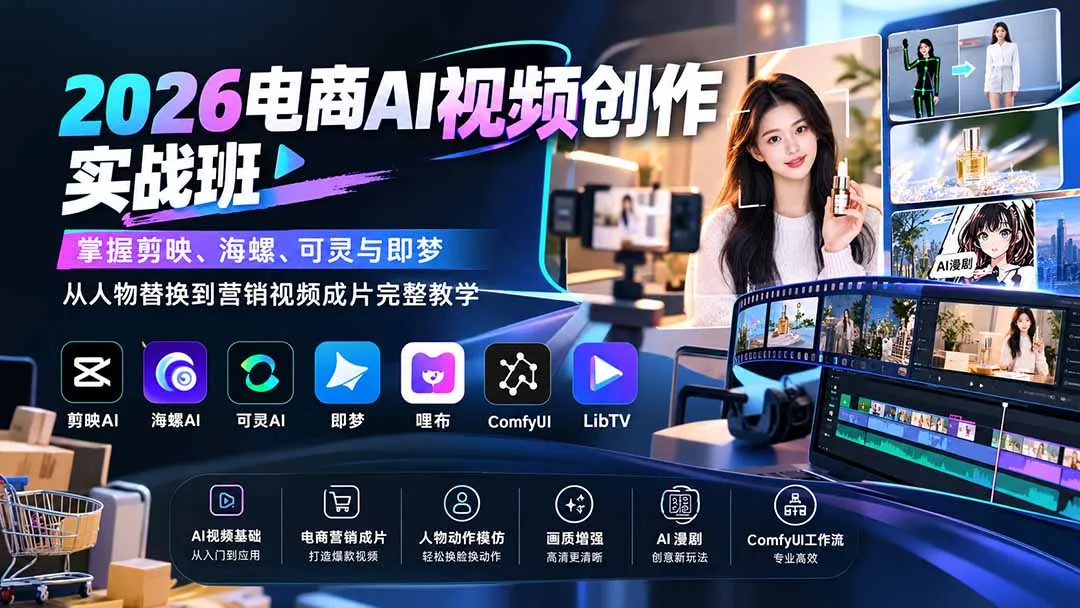 2026电商AI视频创作实战班:掌握剪映、海螺、可灵与即梦,从人物替换到营销视频成片完整教学 1 2026电商AI视频创作实战班:掌握剪映、海螺、可灵与即梦,从人物替换到营销视频成片完整教学 1
