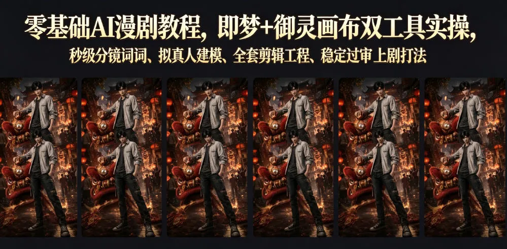 零基础AI漫剧教程，即梦+御灵画布双工具实操，秒级分镜提示词、拟真人建模、全套剪辑工程、稳定过审上剧打法
