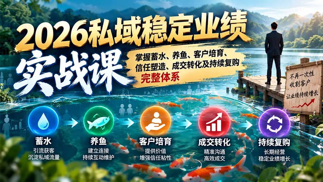 2026私域稳定业绩实战课：掌握蓄水、养鱼、客户培育、信任塑造、成交转化及持续复购完整体系