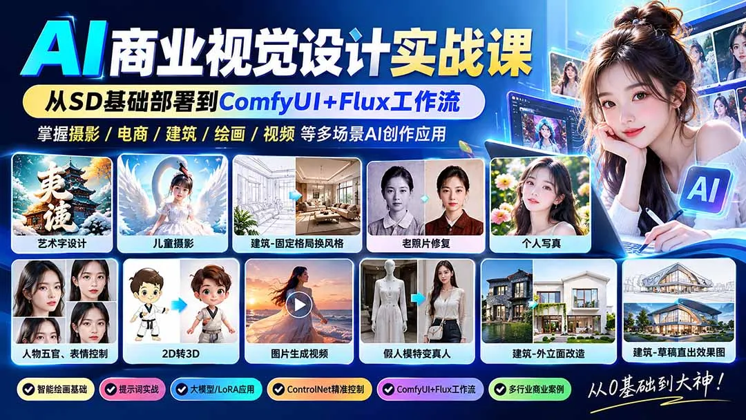 【无水印】AI商业视觉设计实战课:从SD基础部署到ComfyUI+Flux工作流,掌握摄影电商建筑AI创作 1 【无水印】AI商业视觉设计实战课:从SD基础部署到ComfyUI+Flux工作流,掌握摄影电商建筑AI创作 1