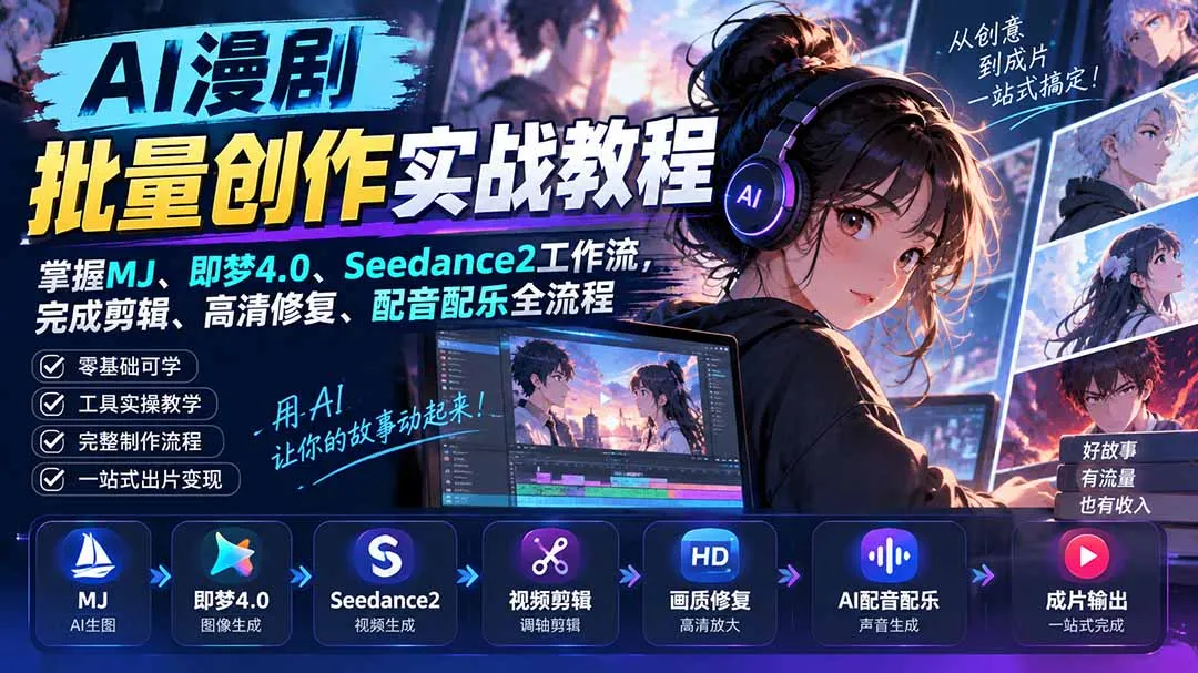 AI漫剧批量创作实战教程：掌握MJ、即梦4.0、Seedance2工作流，完成剪辑、高清修复、配音配乐全流程 1