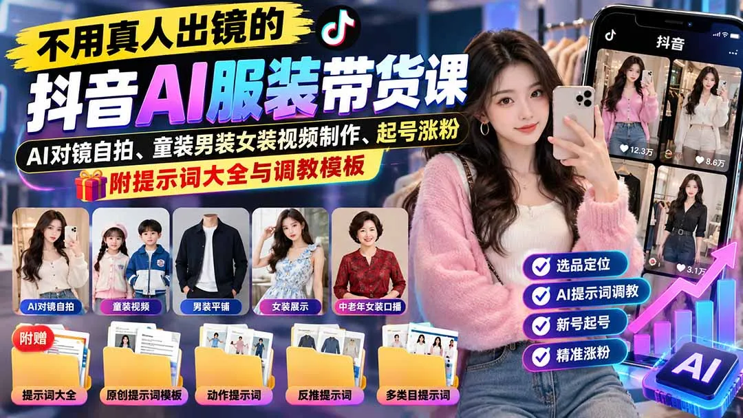 不用真人出镜的抖音AI服装带货课:AI对镜自拍、童装男装女装视频制作、起号涨粉,附提示词大全与调教模板 1 不用真人出镜的抖音AI服装带货课:AI对镜自拍、童装男装女装视频制作、起号涨粉,附提示词大全与调教模板 1